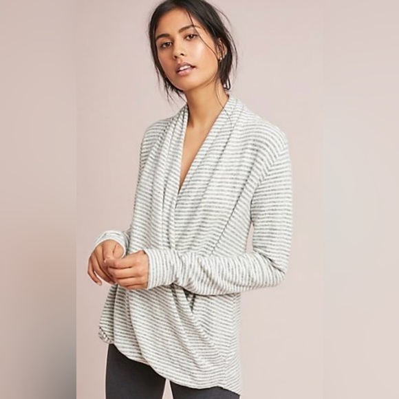 NWT Anthropologie Saturday Sunday Gray/White Striped Wrap Top, Long Sleeve, LP - Picture 1 of 13